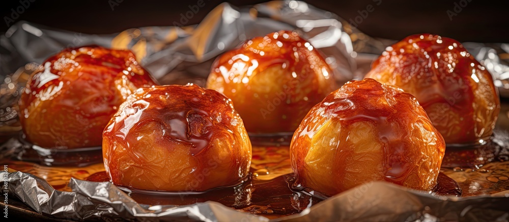 Poster diet food baked apples in baking sheet on baking paper sprinkled with sugar syrup soft focus delicio