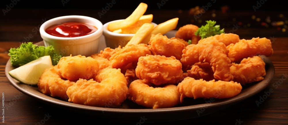 Aufkleber delicious hot snacks of fries shrimp and nuggets. copyspace image. square banner. header for website