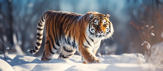 Careful amur tiger is standing on a white snow and looking away Siberian tiger Panthera tigris tigris Animals in wildlife. Copyspace image. Square banner. Header for website template - obrazy, fototapety, plakaty