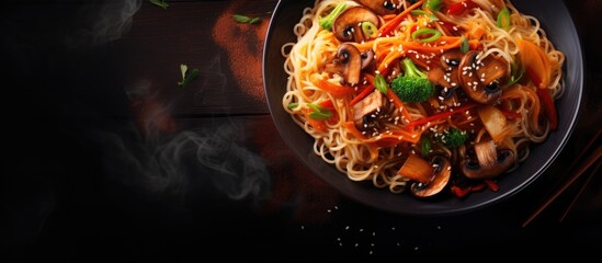 Asian shimeji noodles dish Chow Mein noodles pasta with stir fried vegetables soy sauce and shimeji mushrooms. Copyspace image. Square banner. Header for website template - obrazy, fototapety, plakaty