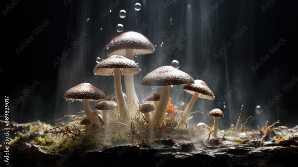 Poster a cluster of mushrooms with a delicate structure stands out against a dark background, with water dr