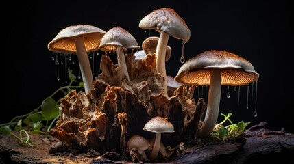 Mushrooms with water droplets emerge from a woody base, set against a dark, contrasting background