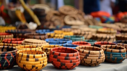 Colorful woven baskets on display, showcasing intricate patterns and vibrant craftsmanship