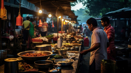 bustling market scene at dusk, with vendors and large bowls of food illuminated by hanging lights, capturing the essence of a local food market