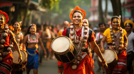 lively procession with individuals in traditional Assamese attire playing drums and dancing during a cultural festival