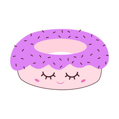 Cute kawaii doughnut, purple character with big eyes, cream donuts, cartoon pastry isolated on white background.