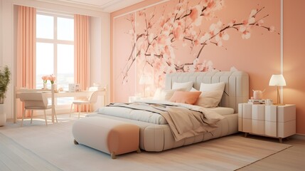 Peach-themed bedroom with floral accents, perfect for a romantic and fresh interior. Peach fuzz interior