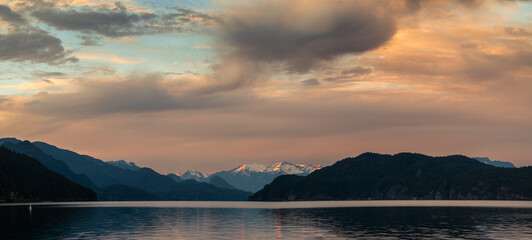 Panoramaic view of Mount Breakenridge in the Lillooet Ranges of southwestern British Columbia, Canada. Located on the east side of upper Harrison Lake are the Ouachita Mountains and glaciers.