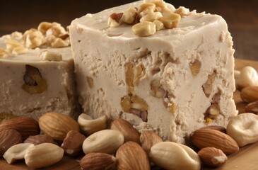 Halva with nuts Turkish dessert. Eastern traditional confectionary delectable food. Generate ai