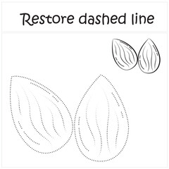 almond. Repair the dotted line. Handwriting practice. Educational game for toddlers and preschoolers. Cartoon style. Isolated vector illustration, eps