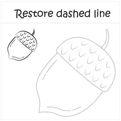 acorn. Repair the dotted line. Handwriting practice. Educational game for toddlers and preschoolers. Cartoon style. Isolated vector illustration, eps