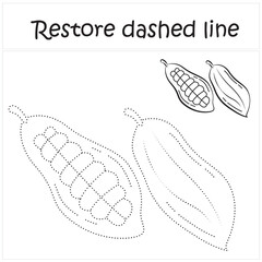 cacao bean. Repair the dotted line. Handwriting practice. Educational game for toddlers and preschoolers. Cartoon style. Isolated vector illustration, eps