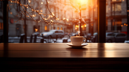 Naklejka na ściany i meble Coffee cup on table. Warming picture. Poster background. Morning view. Peach fuzz-color of the year 2024. Sunrise city view from the window