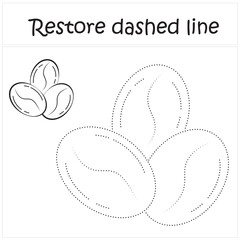 coffee. Repair the dotted line. Handwriting practice. Educational game for toddlers and preschoolers. Cartoon style. Isolated vector illustration, eps