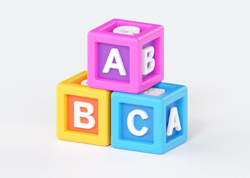 3d toy amc cubes for kids, alphabet block for play. Child colorful boxes render illustration