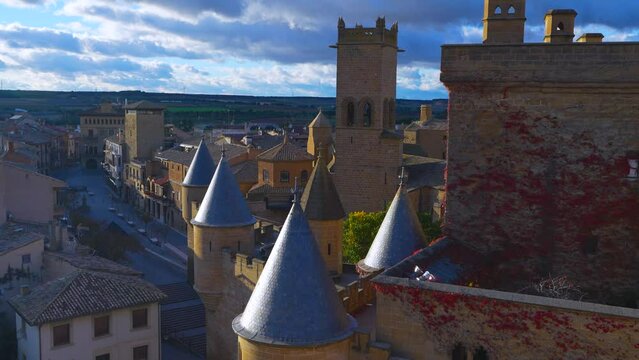 Sunset in the town and castle in the town and municipality of Olite. Navarre. Spain. Europe