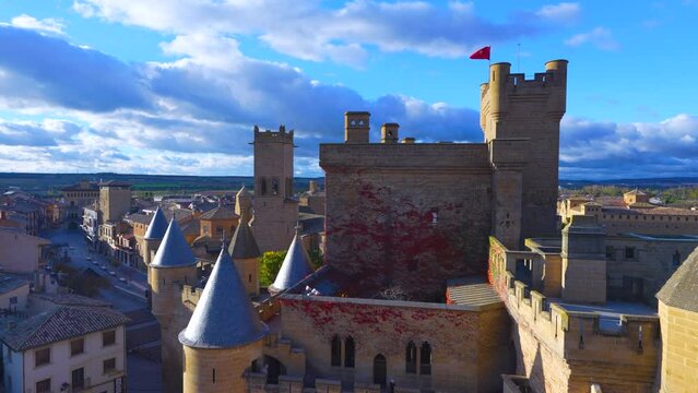Sunset in the town and castle in the town and municipality of Olite. Navarre. Spain. Europe