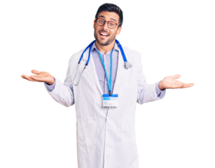 Young hispanic man wearing doctor uniform and stethoscope smiling showing both hands open palms, presenting and advertising comparison and balance