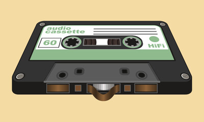 An audio cassette lying on a horizontal surface. Isometric image. Vector illustration