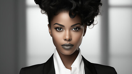 Profile picture of a strong confident young black woman  - business suit - business professional - stylish fashion