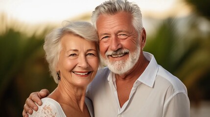 Happy retired couple, senior couple posing in the garden, elderly people smiling