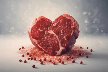 Fotobehang Heart shaped red raw beef on red chili pepper heap. Fresh bloody cow meat slice fillet. Generate ai © nsit0108