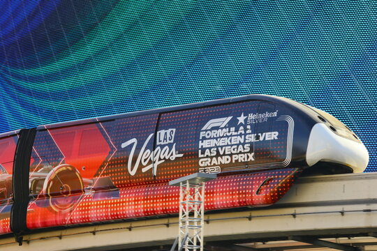 Las Vegas Monorail - built in 2009, the monorail is a passenger tram that connects Sahara with MGM. The monorail uses nine fully automatic Bombardier MVI trains. Las Vegas, Nevada, USA – December 7