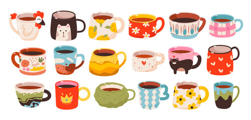 Cups of tea and coffee drinks set. Cute trendy hand drawn mugs with ornaments. Ceramic Crockery. Flat vector illustration isolated on white background.


