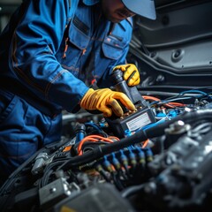 Technician Hands of car mechanic working repair in auto repair Service electric battery and Maintenance of car battery. Check the electrical system inside the car. - Generative AI