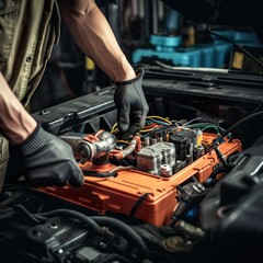 Fototapeta na wymiar Technician Hands of car mechanic working repair in auto repair Service electric battery and Maintenance of car battery. Check the electrical system inside the car. - Generative AI