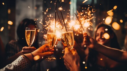 Friends celebrating Christmas or New Year eve party comeliness