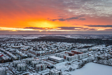 Aerial landscape of the snowy village in Poland at winter.