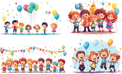 set of child boy girl cartoon childhood cute fun illustration vector person happy character cheerful design celebration balloon background funny holiday