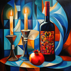 Shabbat evening, two candles, bottle of wine, Traditional Jewish religious Shabbat shalom ritual - obrazy, fototapety, plakaty