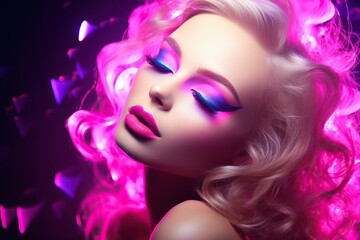 Fototapeta premium Beautiful Girl with Pink Neon Makeup Dancing at a Nightclub Party