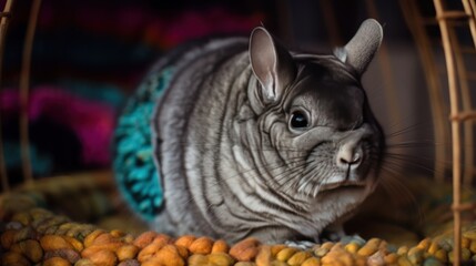 Gray chinchilla in a wicker basket on a colorful background. Pet Concept.