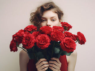 woman holding a bouquet of red roses, valentines day