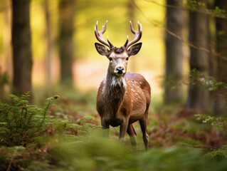 Wild Deer Stag Standing in Forest with Antlers