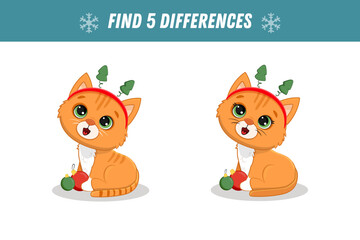 Find 5 differences between two pictures of cute red cat. Cute ginger kitten. Christmas game.  Activity page. Xmas. Vector