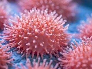 Detailed 3D render of virus microstructure with pink tones, symbolizing intricate details of pathogens.