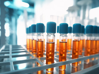 Rows of vials with amber liquid, capped in blue, set in a lab rack with a blurred scientific background.
