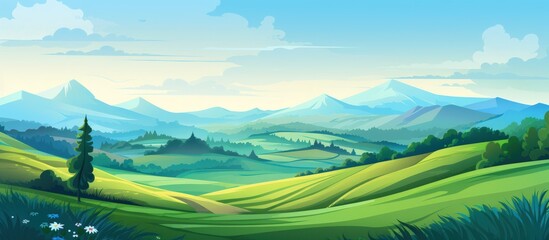 Illustration summer fields landscape green hills with a dawn and bright color blue sky background