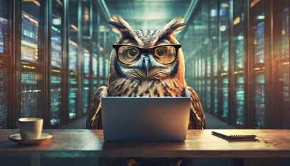 A funny and smart owl with glasses using a laptop in a data center