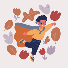 Vector illustration of Little child superhero with yellow cloak and star. Happy smiling kid in glasses ready for education. Success, motivation concept. Back to school. Little businessman isolated on 