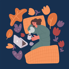 Cartoon vector illustration of young girl studying from home online during a quarantine virus outbreak. Solves tasks