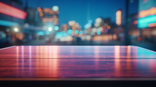 an ethereal scene of an empty table against the soft, luminous effects of a blurred Petrol station background, manifesting a realm of fantasy for an enchanting product display