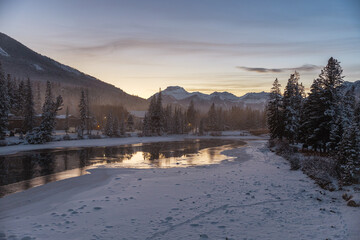 Winter landscape in Banff at dusk