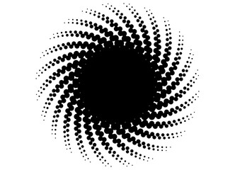 Round vector pattern of black dots on a white background. Halftone frame. A swirling circle with a smooth transition. Vector background.