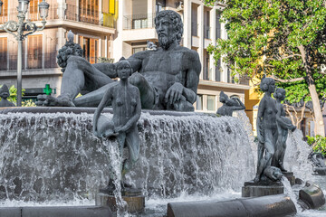 Valencia, Spain -September 22th, 2023: La Fuente del Turía, fountain and statues commemorating the...