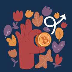 Cartoon vector illustration of cryptocurrency, finance and business concept holding golden bitcoin over dark background